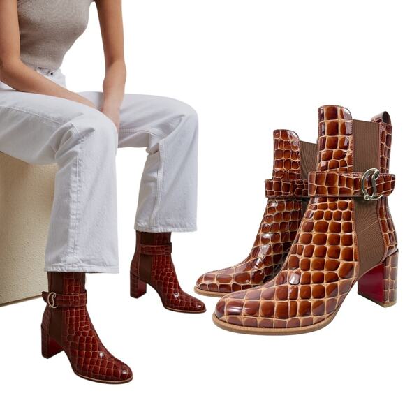 New Christian Louboutin Croc Calf Leather Chelsea Booties Brown Size 36.5 - Picture 1 of 10